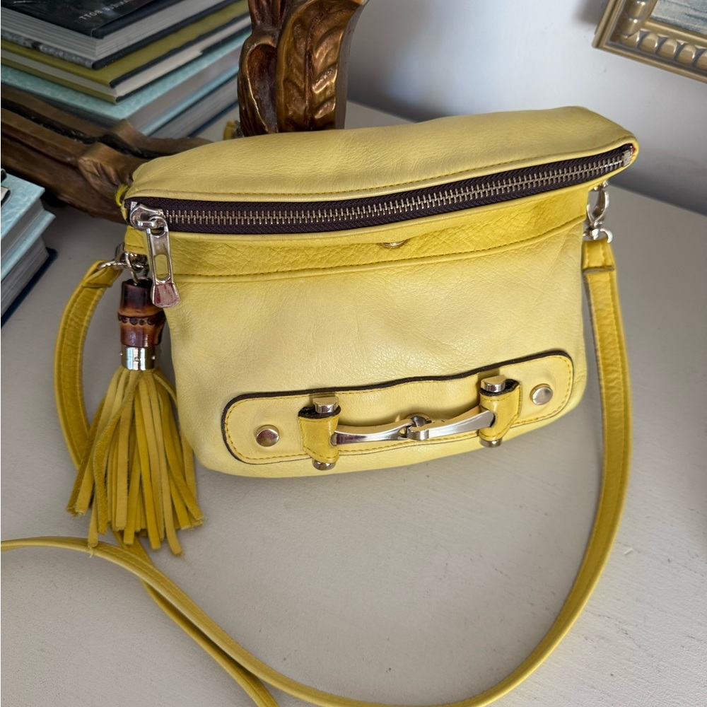 Sunny Yellow Leather Crossbody with Horsebit like and Bamboo Tassel Accent - Picture 1 of 10
